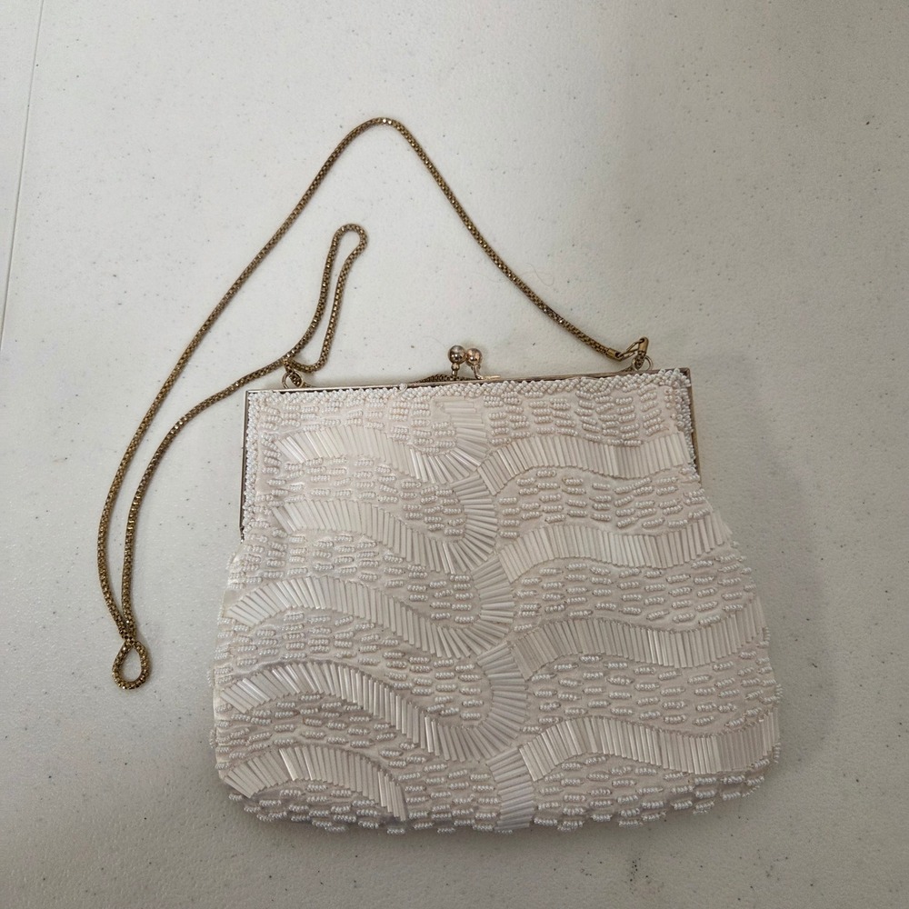 Vintage Ivory Beaded Kiss Lock Evening Clutch Bag Made in Hong Kong Cream Gold